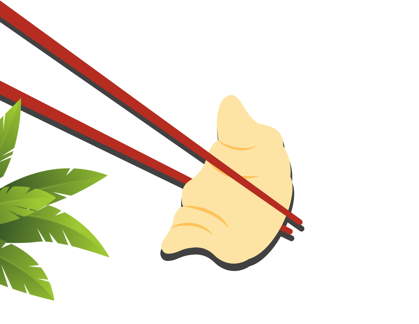 Vector art of a dumpling held by chopsticks with tropical leaves in background