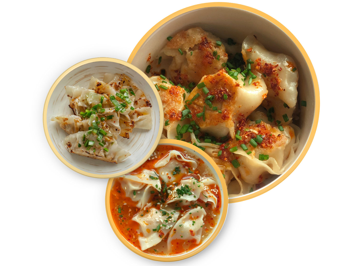 Combo of pan-fried, soup, and vege dumplings in bowls